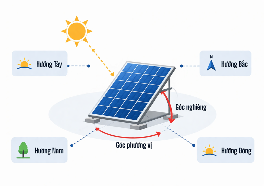Lựa chọn hướng lắp pin mặt trời là bước rất quan trọng trước khi tiến hành thi công thực tế