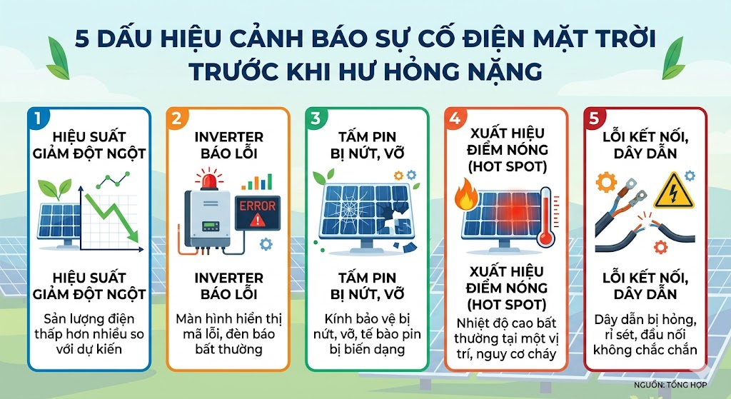 5 dấu hiệu cho thấy hệ thống điện mặt trờ bị sự cố